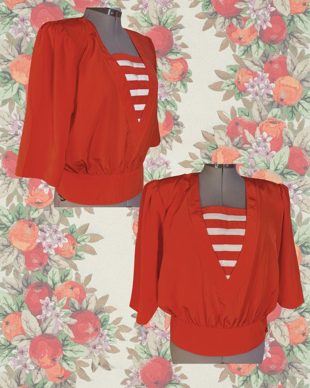 Vintage 80s MS CHAUS Red White Nautical Blouse 3/4 Sleeve Blouse Size 10